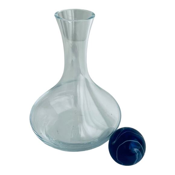 VTG Glass Wine DECANTER & MARBLE BALL STOP 8" Tall Clear Glass Blue Stone Ball - Picture 2 of 8